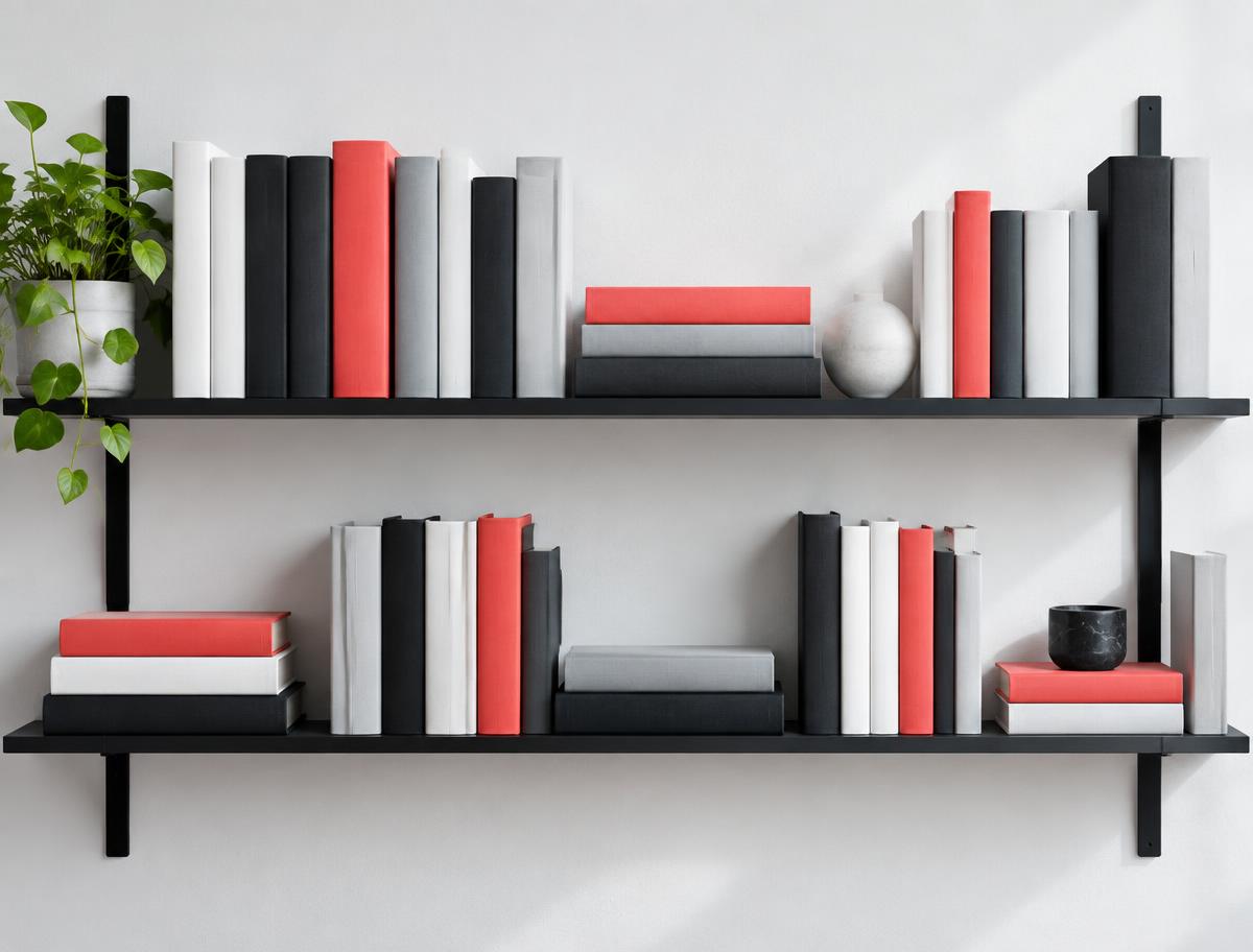 A shelf of books with coral, black, and white covers